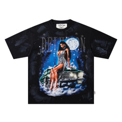 BKYS Moon Lady Classic Car Rhinestone Black Oversized Graphic T-Shirt