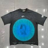 Roughplay Distressed Blue Circular R‑Logo Minimal Graphic Tee