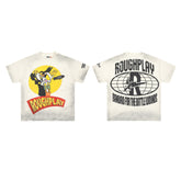 Roughplay Vintage Cartoon Rabbit Globe Logo Double‑Sided Distressed Tee