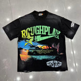 Roughplay Wrecked Muscle Car Lightning Bolt Distressed T‑Shirt