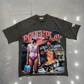 Roughplay Bunny‑Hat Girl Burning Car Urban Rebellion Distressed Tee