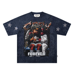 BKYS Angel Devil Cherub Rhinestone Navy Oversized Graphic T-Shirt
