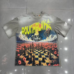 Roughplay Chessboard Poppy Field Skeleton Hands Surreal Distressed Tee