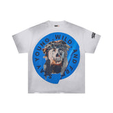 Roughplay Stay Young Wild Hybrid Skull‑Portrait Blue Circular Badge Distressed Tee