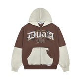 DUAA Two‑Tone Patchwork Distressed Gothic Logo Zip‑Up Hoodie