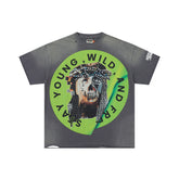 Roughplay Stay Young Wild Split Skull‑Portrait Circular Badge Distressed Tee