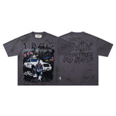 BKYS Hip Hop Rapper Taxi Grey Star Washed Oversized Graphic T‑Shirt
