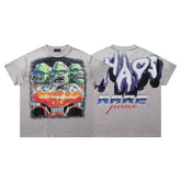 Rare Peace Chaos Car Graphic Oversized Rhinestone Gray T-Shirt