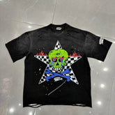 Roughplay Checkered Star Neon Skull Crossbones Punk Tee