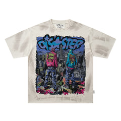 BKYS City Two Figures Rhinestone Beige Oversized Graphic T-Shirt
