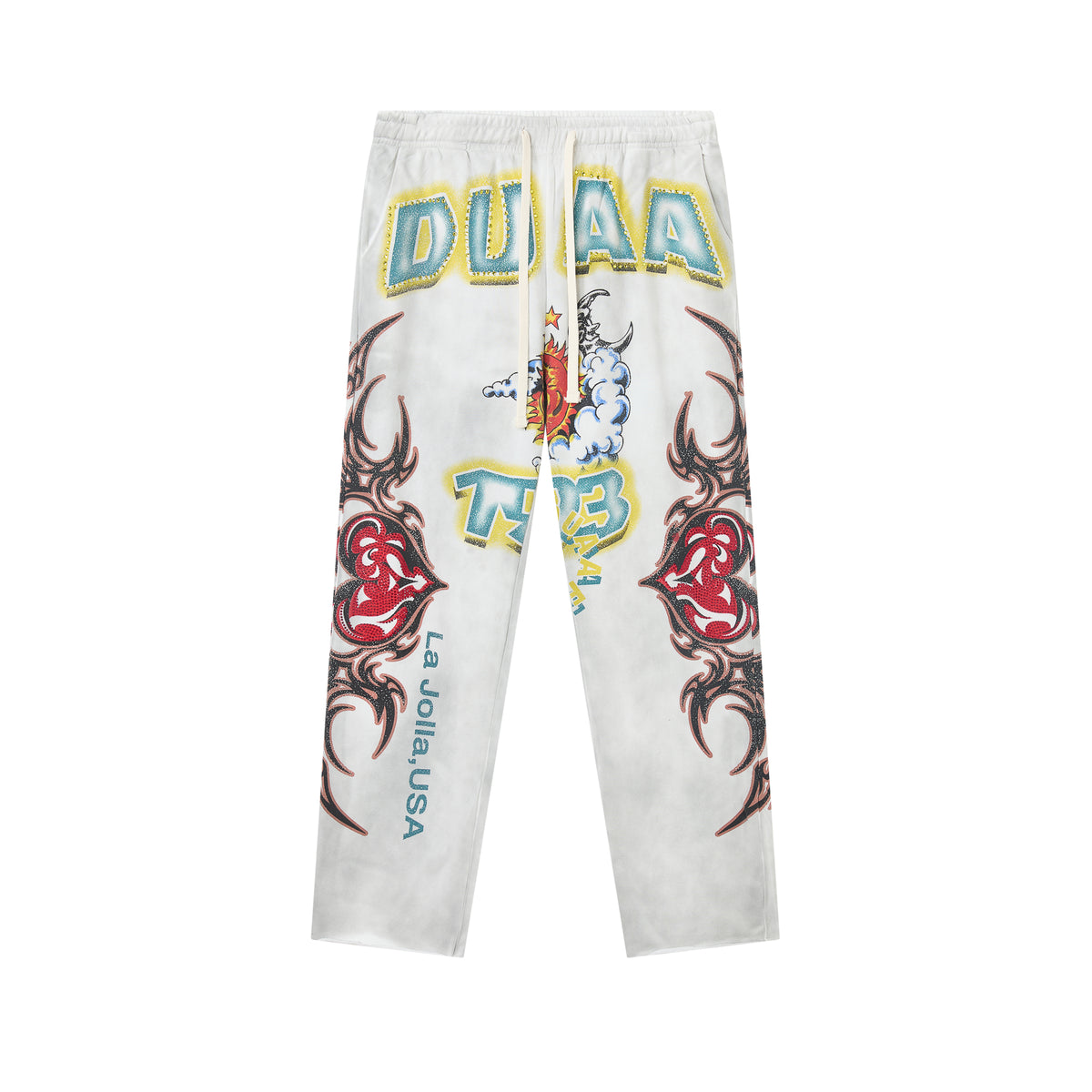DUAA Sun‑Moon Tribal Heart Graphic Vintage Washed Straight‑Leg Sweatpants