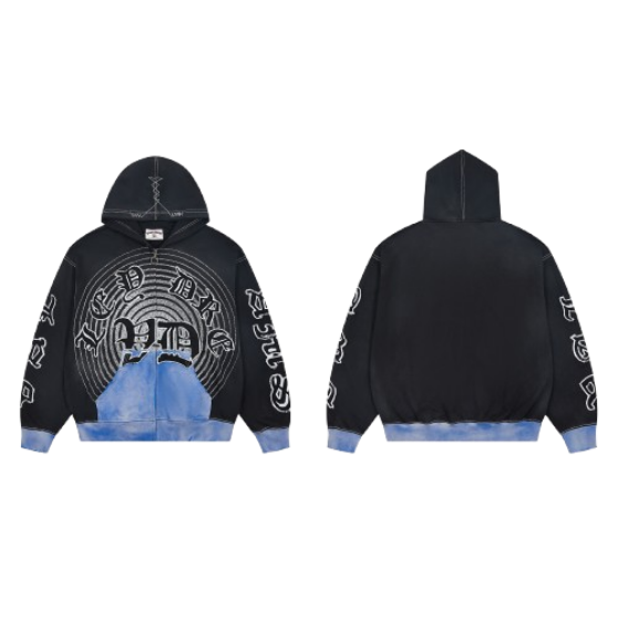 Vale Forever Gothic Lettering Contrast Hem Zip‑Up Hoodie Black Blue