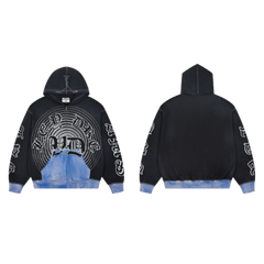 Vale Forever Gothic Lettering Contrast Hem Zip‑Up Hoodie Black Blue
