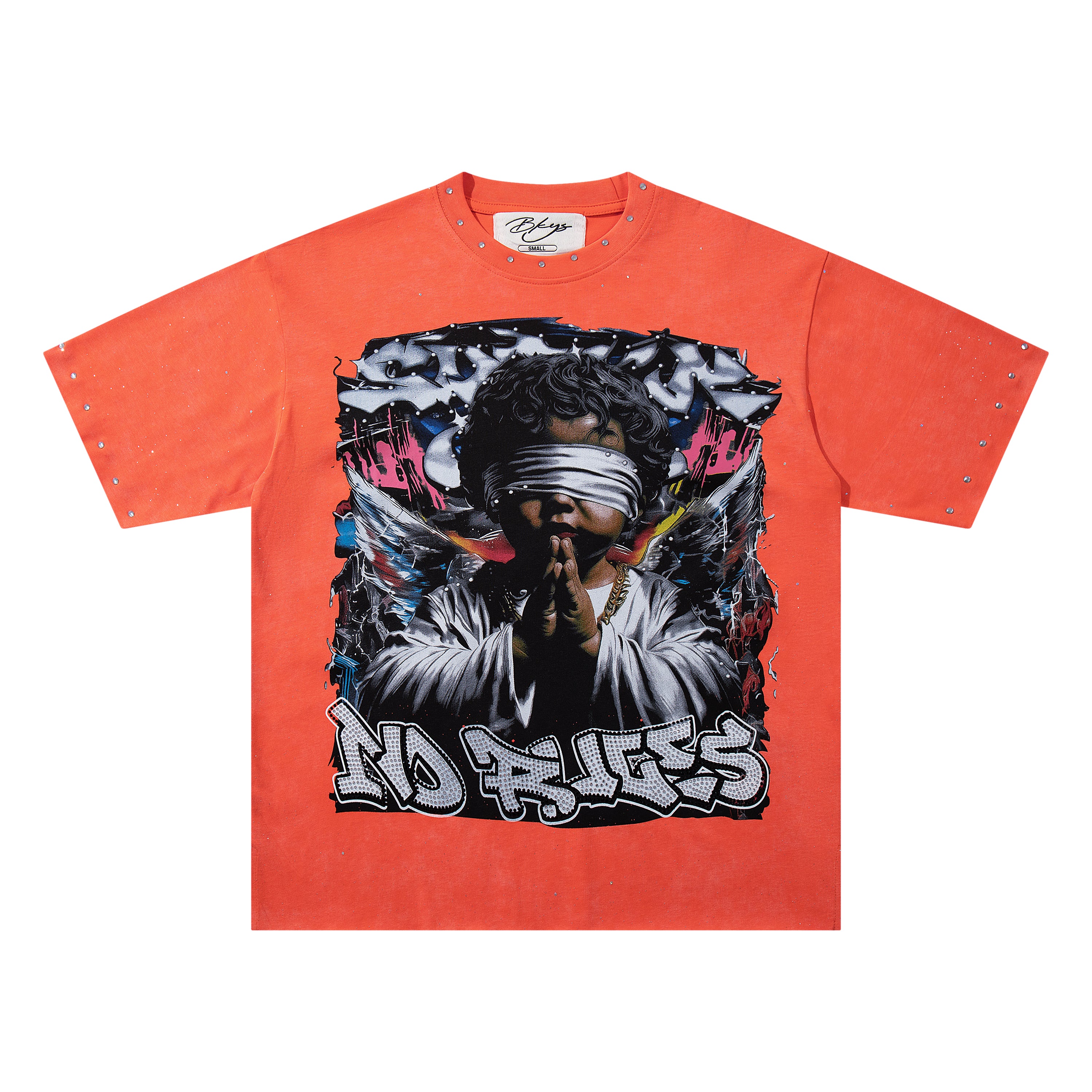 BKYS Praying Angel Rhinestone Orange Oversized T-Shirt