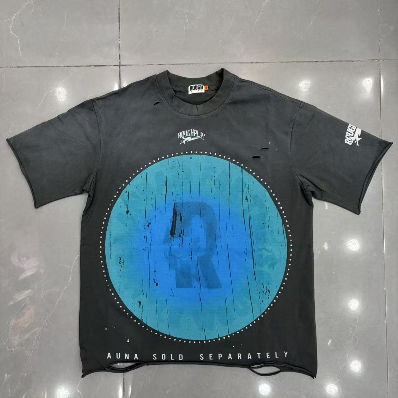 Roughplay Distressed Blue Circular R‑Logo Minimal Graphic Tee