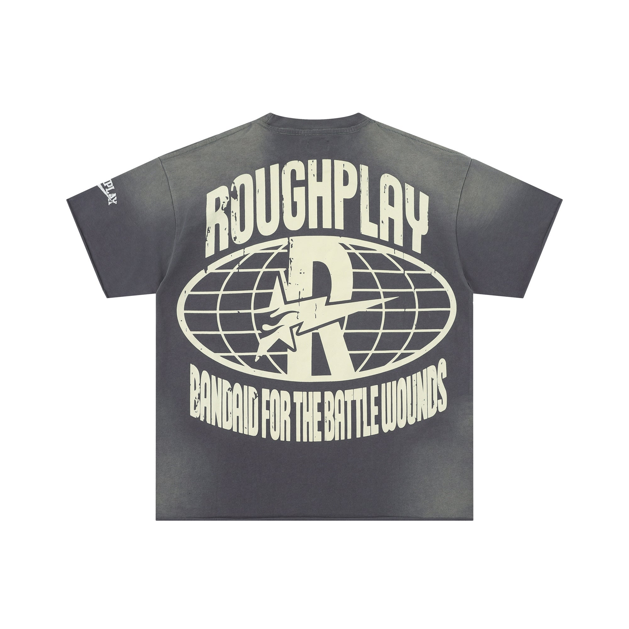 Roughplay Stay Young Wild Split Skull‑Portrait Circular Badge Distressed Tee
