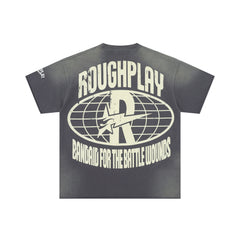 Roughplay Stay Young Wild Split Skull‑Portrait Circular Badge Distressed Tee