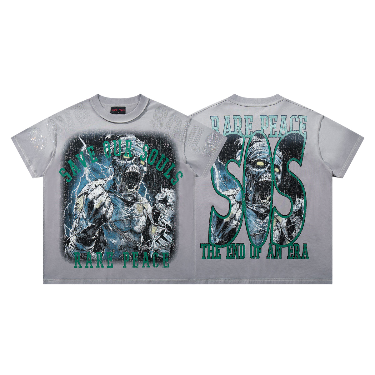 Rare Peace Save Our Souls SOS Grey Washed Oversized Graphic T‑Shirt Hip Hop Streetwear