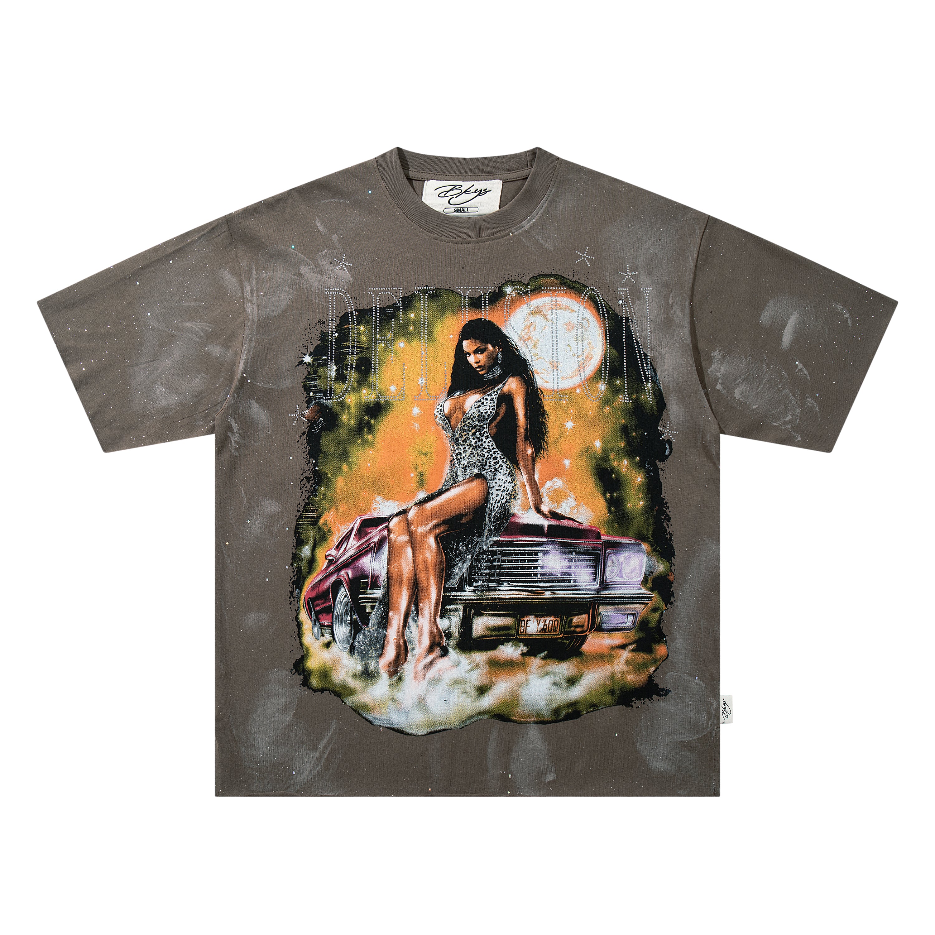 BKYS Moon Lady Classic Car Rhinestone Brown Oversized Graphic T-Shirt