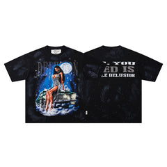 BKYS Moon Lady Classic Car Rhinestone Black Oversized Graphic T-Shirt