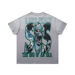 Rare Peace Save Our Souls SOS Grey Washed Oversized Graphic T‑Shirt Hip Hop Streetwear