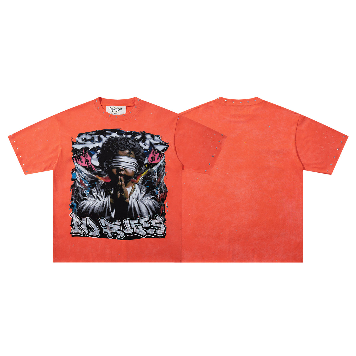 BKYS Praying Angel Rhinestone Orange Oversized T-Shirt