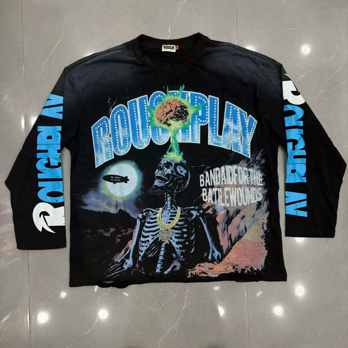 Roughplay Mind‑Blown Skeleton Moon Desert Long‑Sleeve Distressed Tee