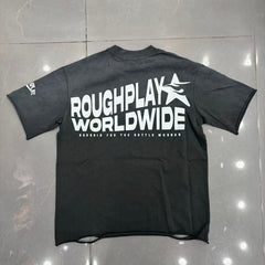 Roughplay Distressed Blue Circular R‑Logo Minimal Graphic Tee