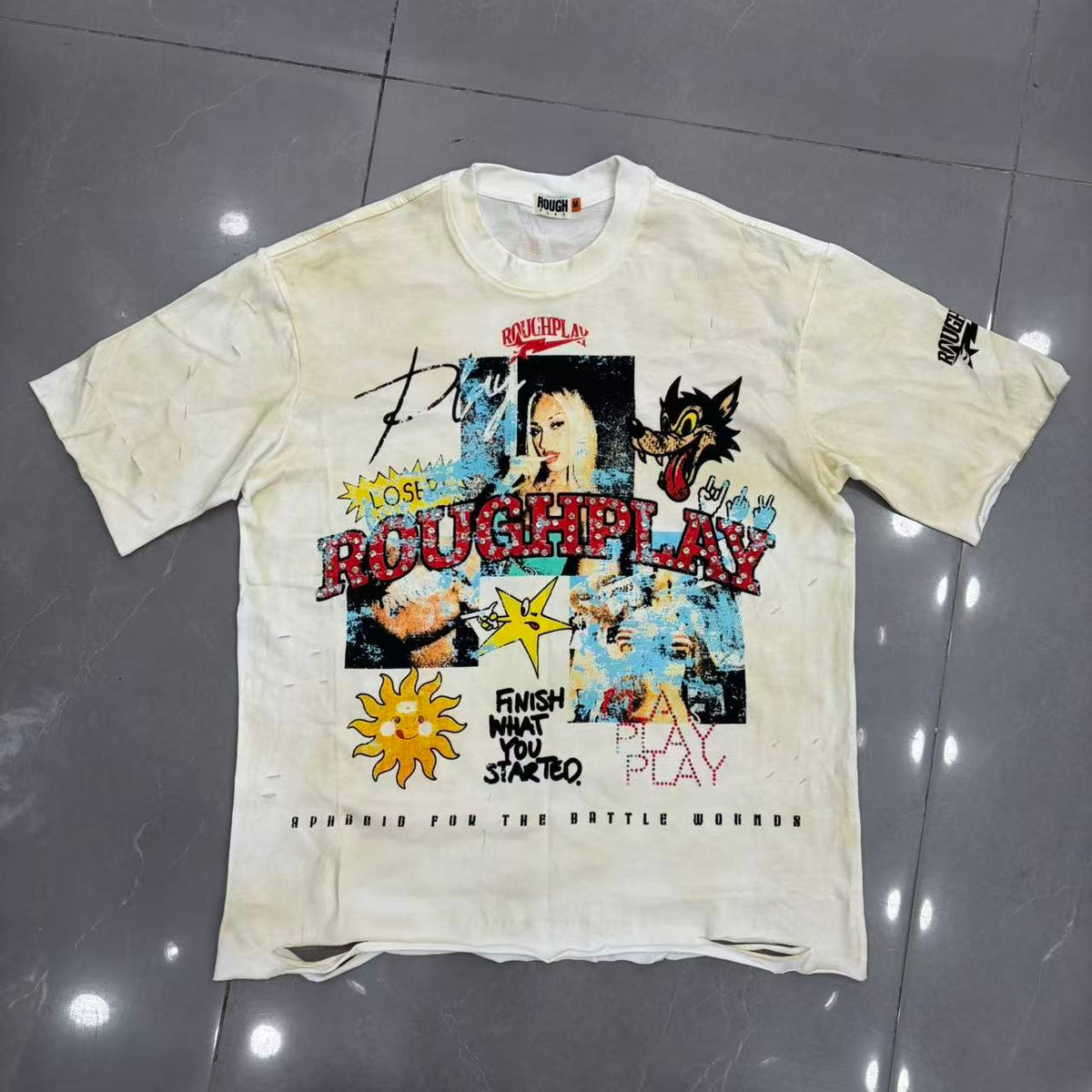Roughplay Retro Pop‑Culture Collage Distressed T‑Shirt