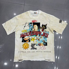 Roughplay Retro Pop‑Culture Collage Distressed T‑Shirt