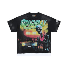 Roughplay Bandana Skeleton Lowrider Layered Hem Double‑Sided Distressed Tee