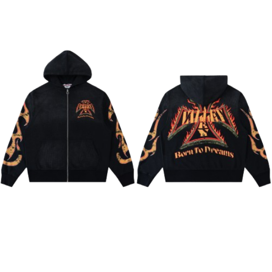 Vale Forever Born To Dreams Flame Graphic Zip‑Up Hoodie Black
