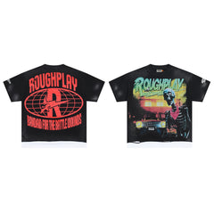 Roughplay Bandana Skeleton Lowrider Layered Hem Double‑Sided Distressed Tee