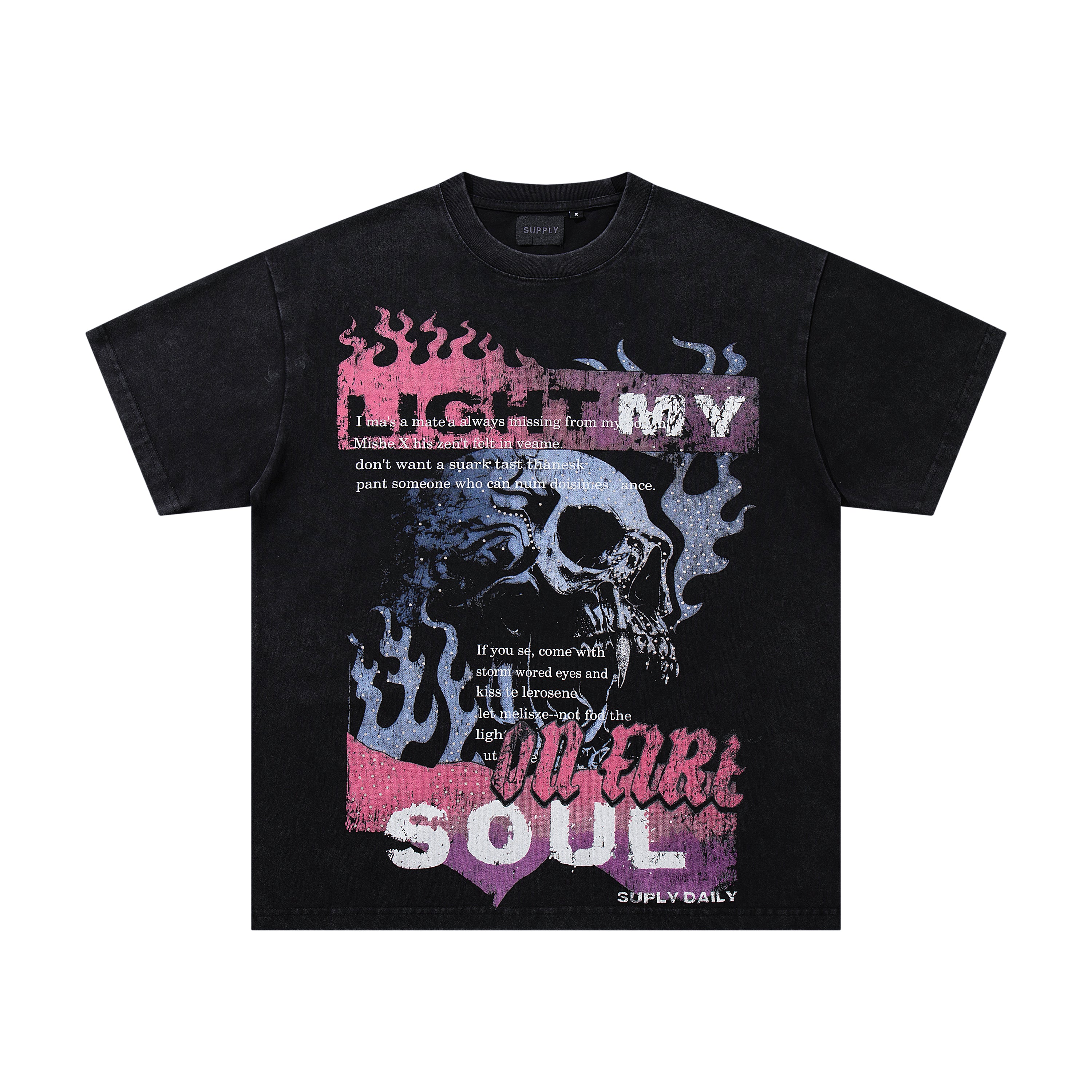 SUPPLY Soul On Fire Skull Black Washed Oversized Graphic T‑Shirt