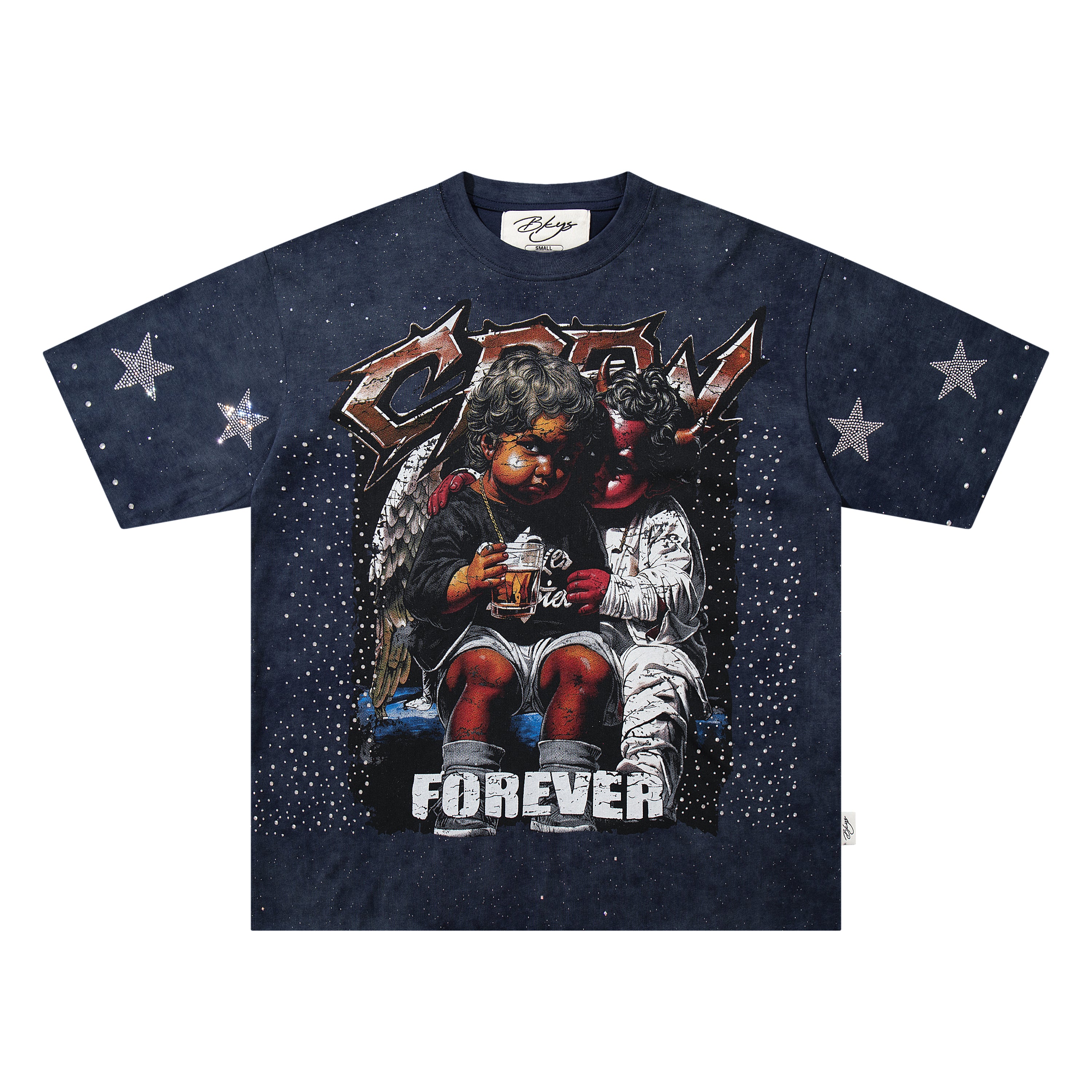 BKYS Angel Devil Cherub Rhinestone Navy Oversized Graphic T-Shirt