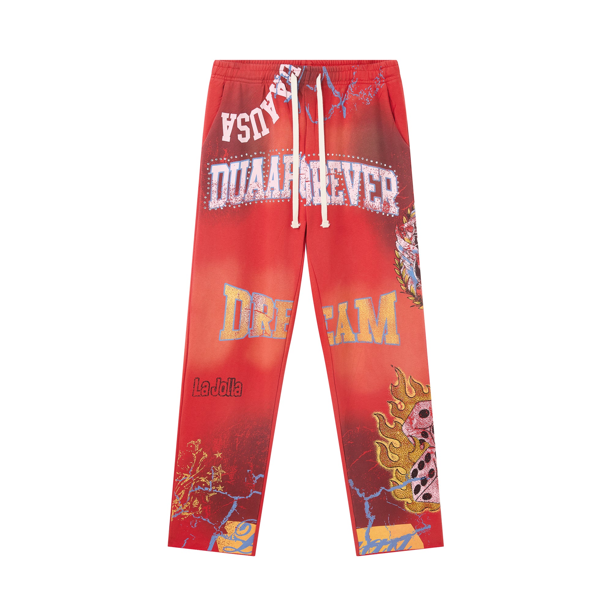 DUAA Dice Flame Dream‑Camp Gradient Red Straight‑Leg Sweatpants