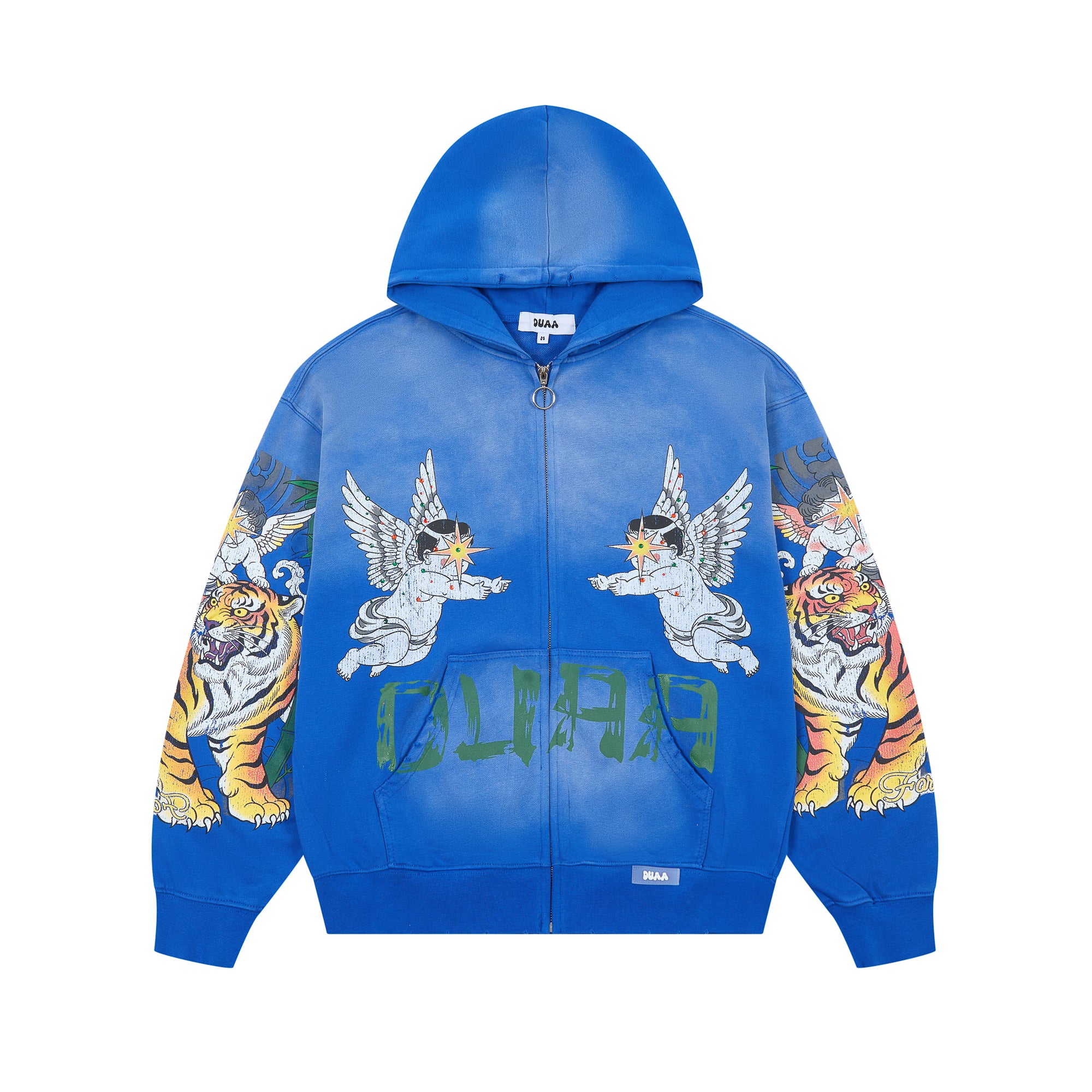DUAA Tiger & Angel Cherub Blue Zip‑Up Vintage Hoodie