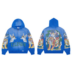 DUAA Tiger & Angel Cherub Blue Zip‑Up Vintage Hoodie