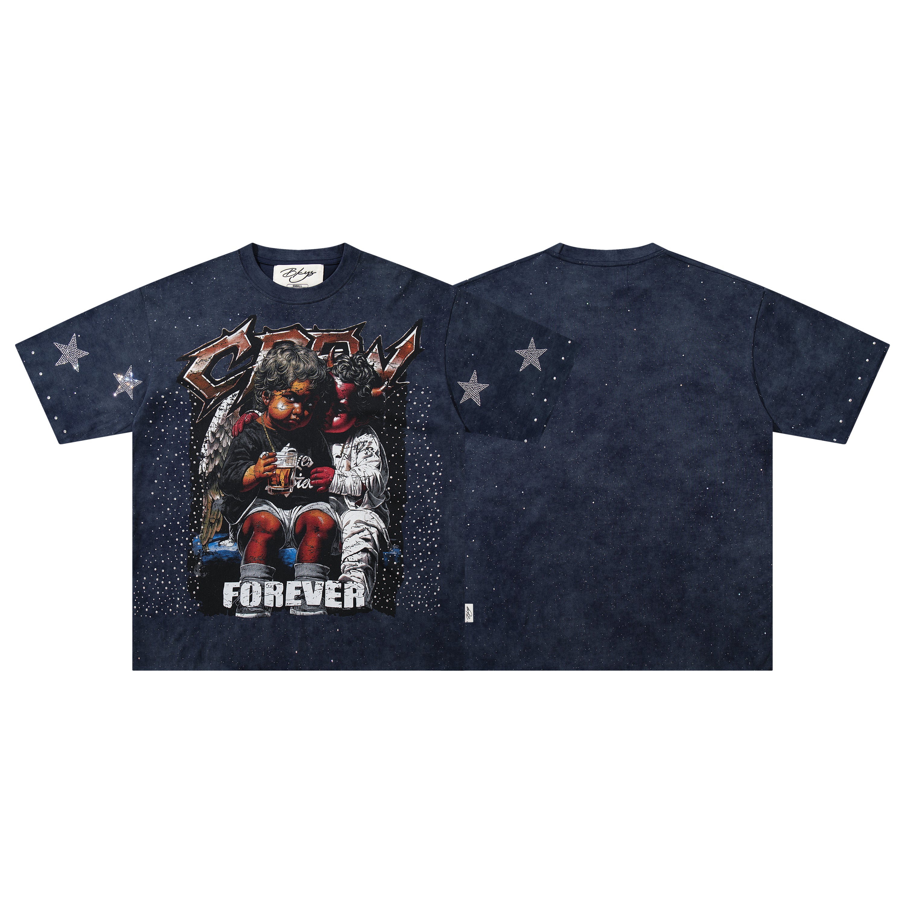 BKYS Angel Devil Cherub Rhinestone Navy Oversized Graphic T-Shirt