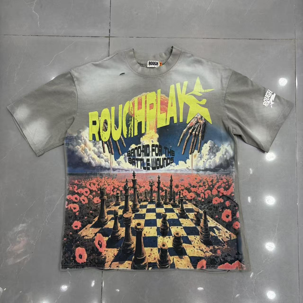 Roughplay Chessboard Poppy Field Skeleton Hands Surreal Distressed Tee