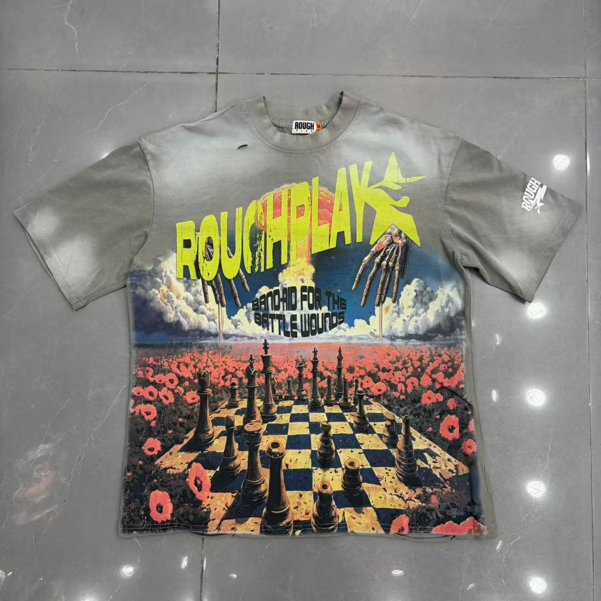 Roughplay Chessboard Poppy Field Skeleton Hands Surreal Distressed Tee