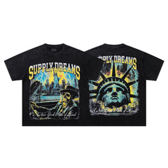 SUPPLY Dreams Statue Of Liberty Black Washed Oversized Graphic T‑Shirt
