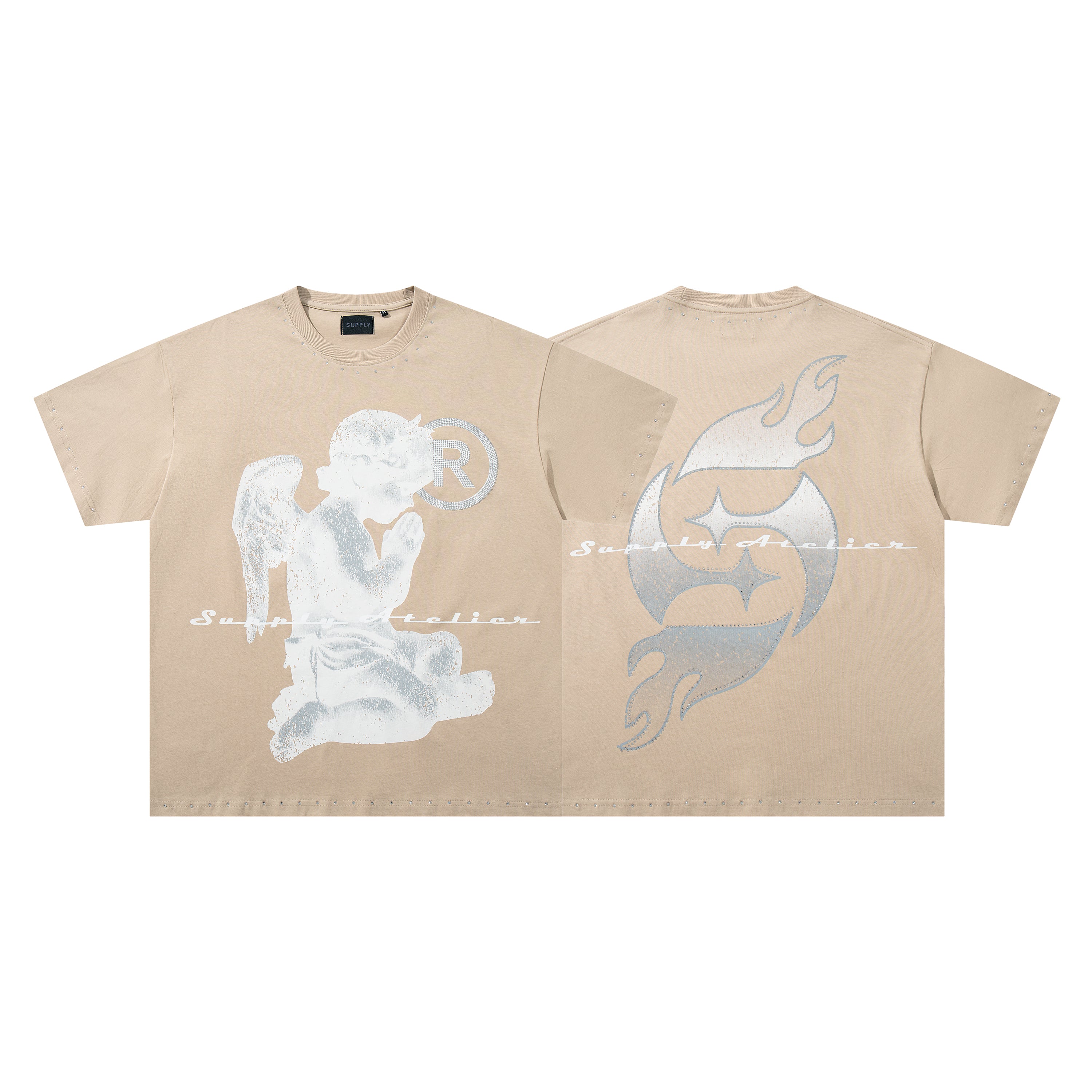 SUPPLY Angel Flame Minimal Graphic Oversized Beige T-Shirt