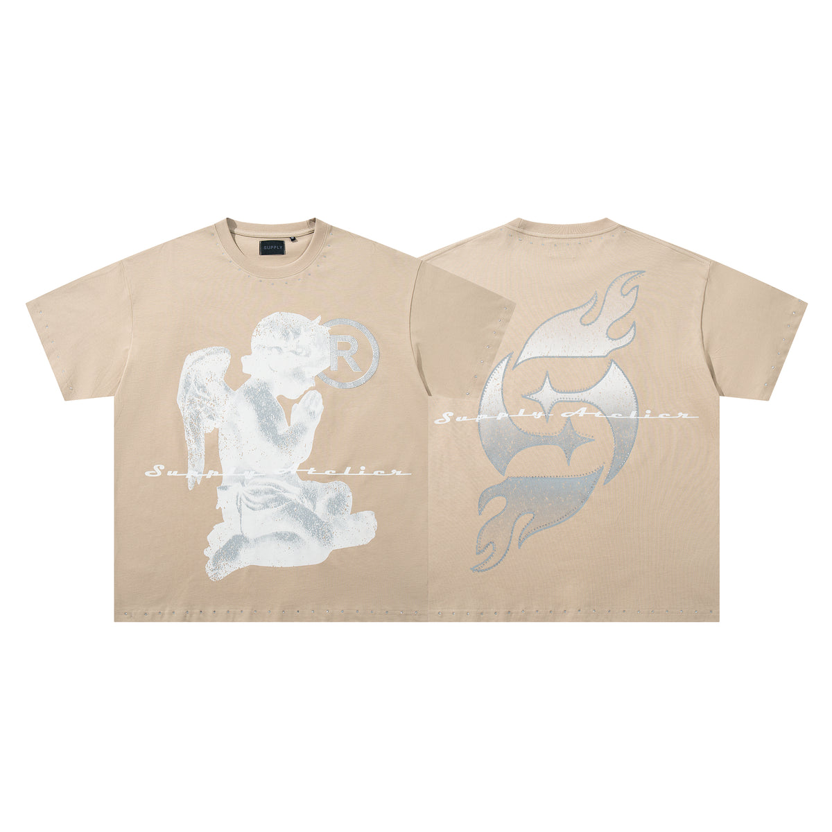 SUPPLY Angel Flame Minimal Graphic Oversized Beige T-Shirt