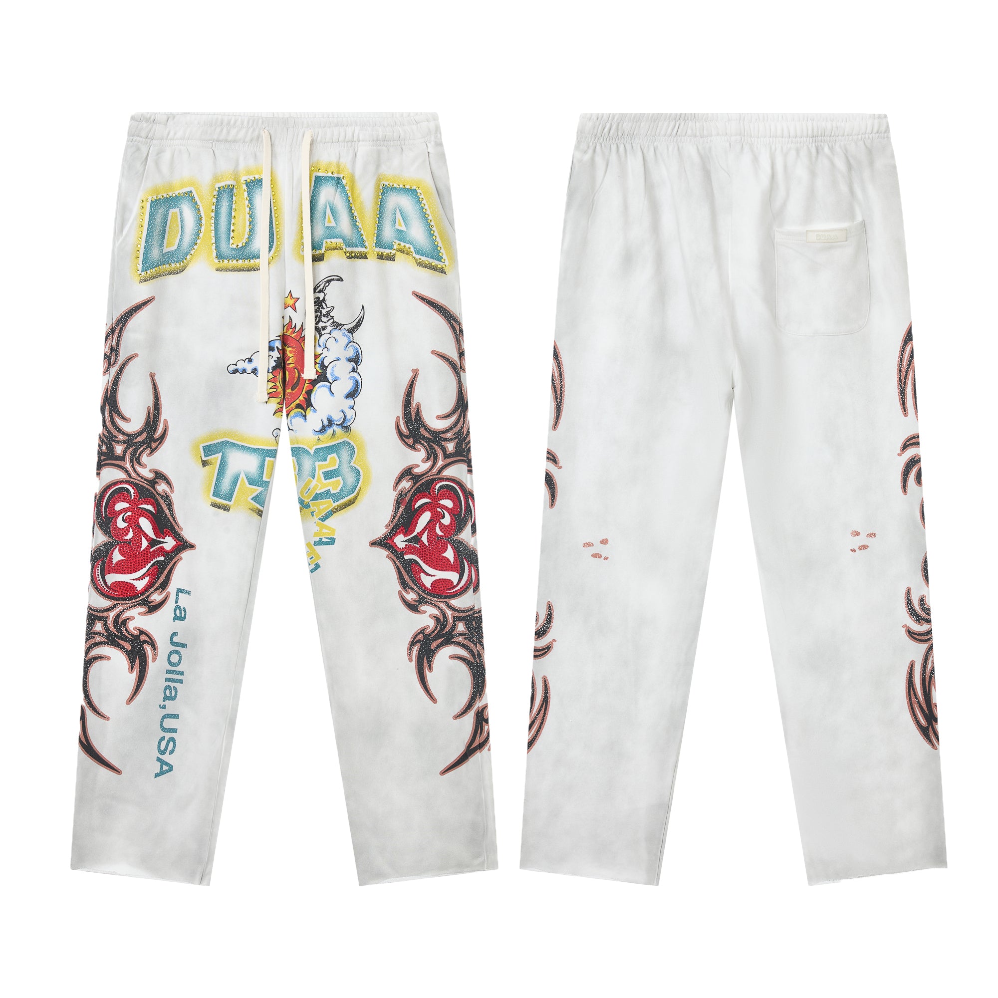 DUAA Sun‑Moon Tribal Heart Graphic Vintage Washed Straight‑Leg Sweatpants