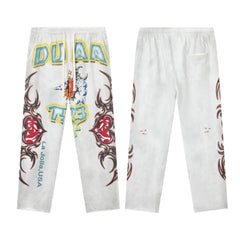 DUAA Sun‑Moon Tribal Heart Graphic Vintage Washed Straight‑Leg Sweatpants