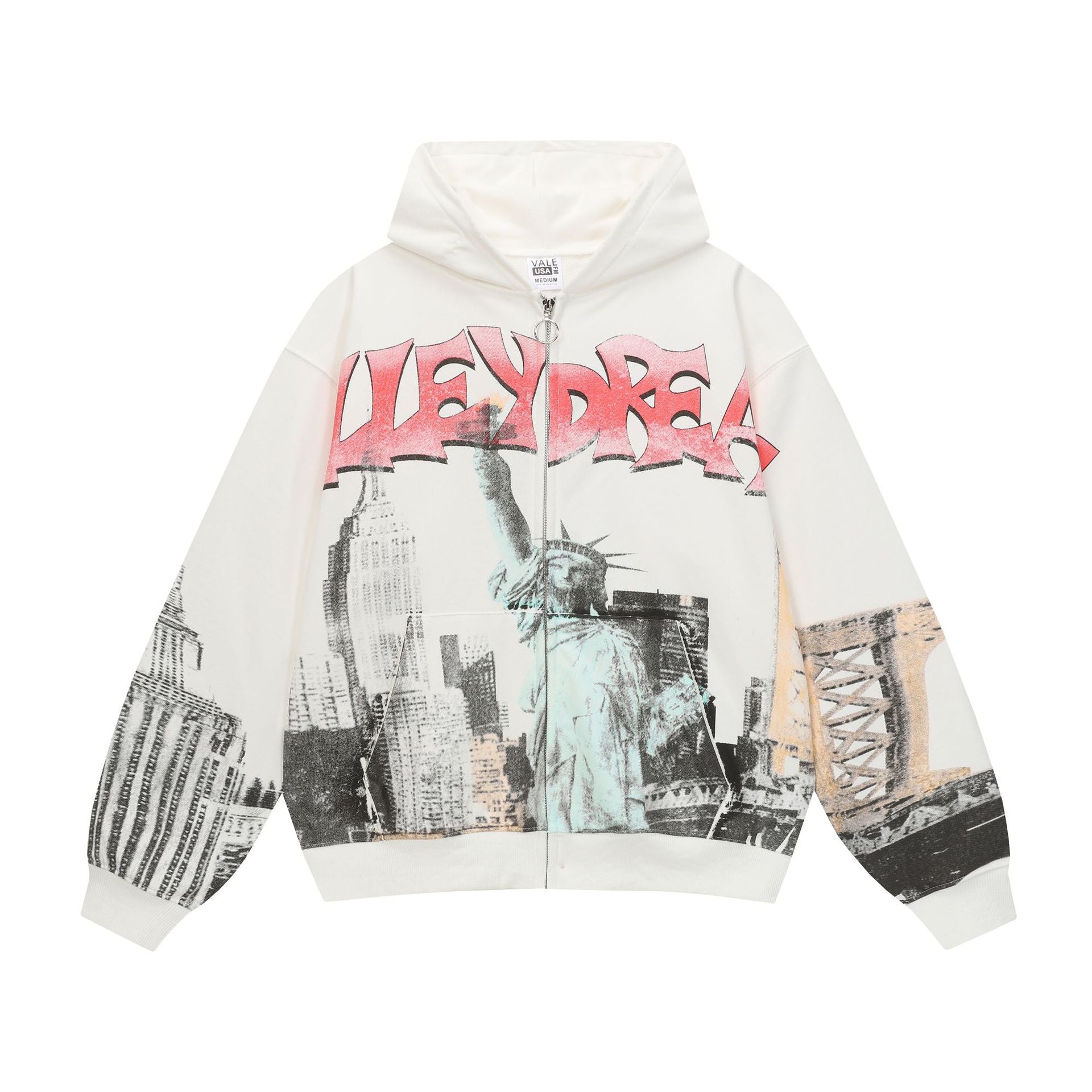 Vale Forever Liberty NYC Graphic Zip Up Hoodie Pink & White Streetwear Jacket