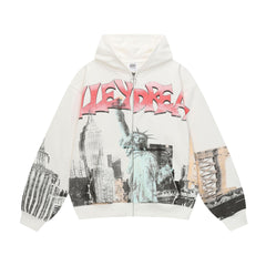 Vale Forever Liberty NYC Graphic Zip Up Hoodie Pink & White Streetwear Jacket