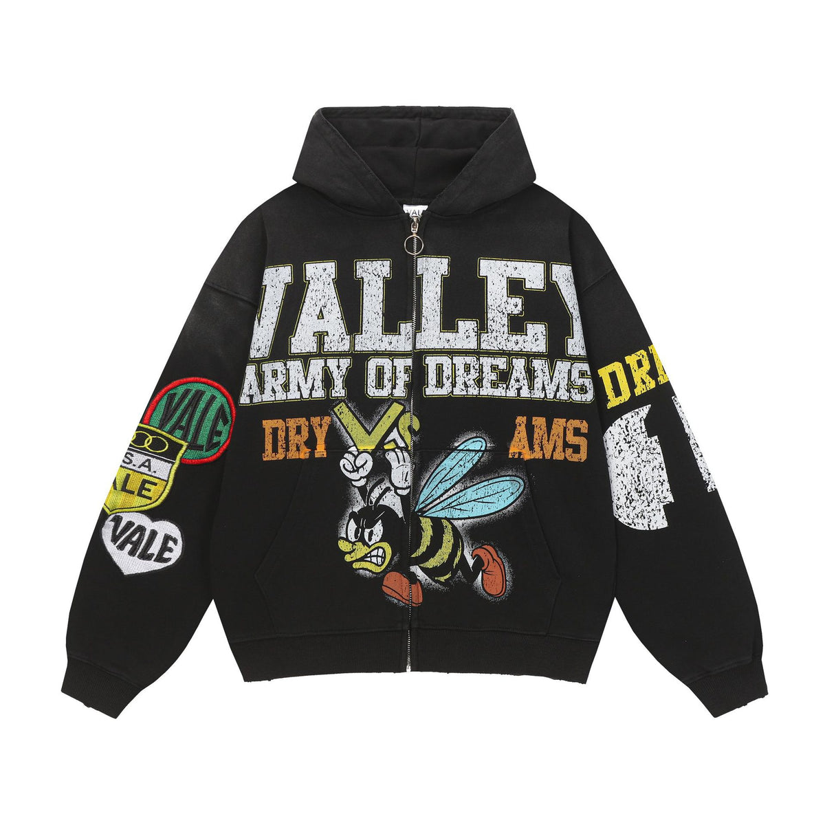 Vale Forever Army Of Dreams Graphic Zip Up Hoodie Black Streetwear Jacket