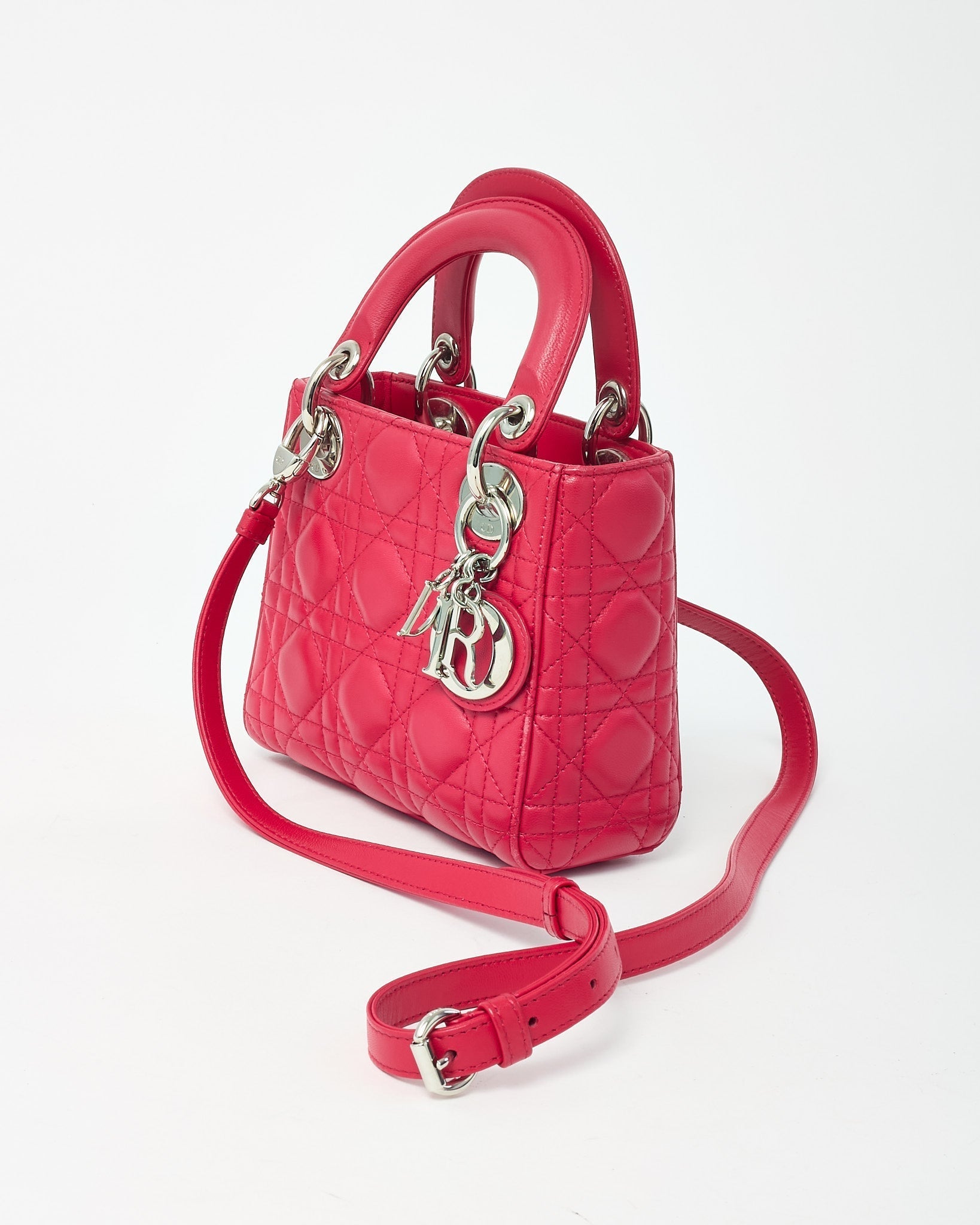 Dior Pinkish Red Cannage Lambskin Leather Mini Lady Dior Bag SHW